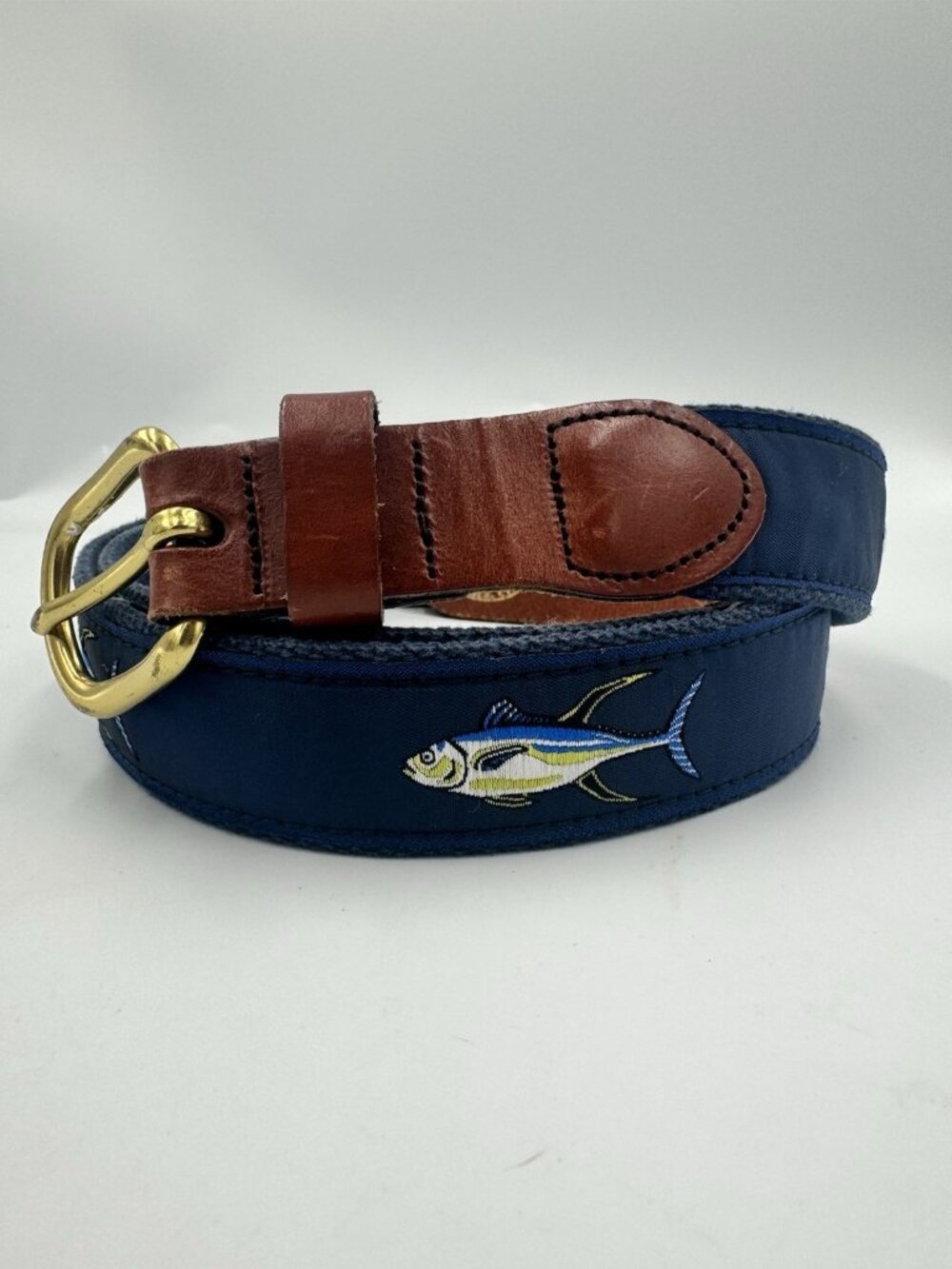 Leatherman Ltd Fish Tuna Canvas Leather Belt Brass Buckle Sz 42